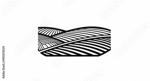 Stylized illustration of rolling hills divided into striped fields