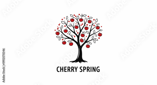 Stylized cherry tree with red fruits and branches, isolated