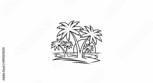 Stylized illustration of palm trees on a small island with a sun in the background