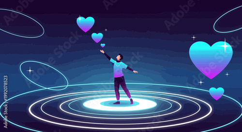 Man Juggling Gradient Hearts in Futuristic Digital Space