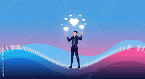 Man Juggling Hearts Above Wavy Gradient Background, Digital Art