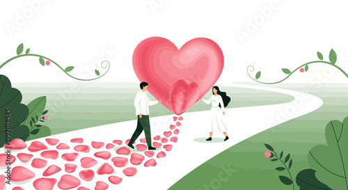 Couple Holding Giant Heart on Path of Petals: Love, Romance, Valentine's Day