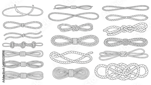 Collection of different hand drawn rope knots and loops in black outline style for marine or nautical design projects.