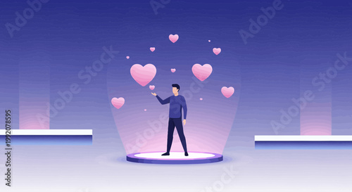Man Juggling Pink Hearts in Digital Abstract Space, Love Concept
