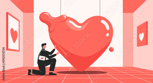 Man Kneeling Before Giant Melting Heart Sculpture in Modern Art Gallery