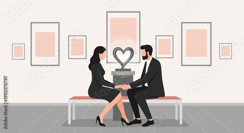 Couple Holding Hands Admiring Heart Sculpture in Art Gallery