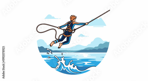 A person in a blue and orange suit leaps over water, attached to a rope, with mountains in background