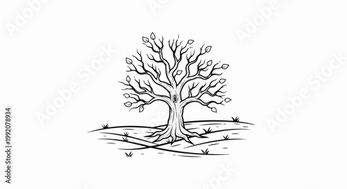 Stylized drawing of a bare tree with a few leaves on a textured ground