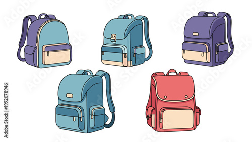 Colorful collection of school backpacks in various styles and shades of blue, purple, and red for students and kids.