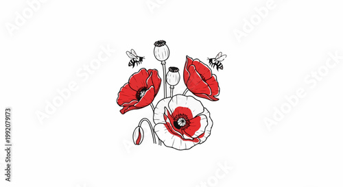Stylized drawing of poppies and bees in red and white