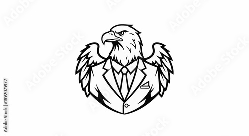 Stylized eagle with wings and suit, depicted in black and white