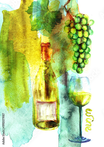 Wine watercolor illustration. White wine glass, grapes and paint textures. For food and drink background, wine list, party invitation, menu design.
