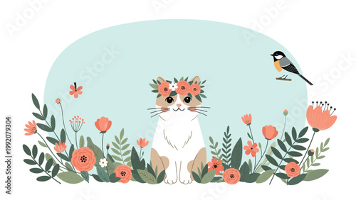 Adorable cartoon cat sitting in a flower garden with a floral crown on its head and a little bird nearby on a blue hill.