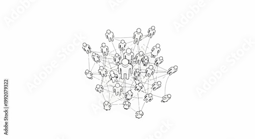 Stylized figures interconnected in a complex network pattern