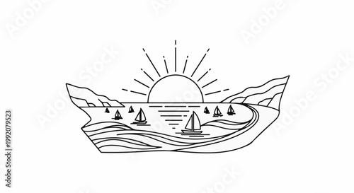 Stylized line art depicts a sunburst over a bay with sailboats and hilly shores