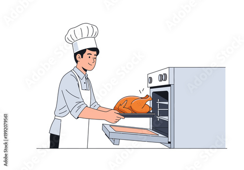 Chef putting roasted turkey in oven for cooking event at kitchen location with food content in indoor environment from side viewpoint.