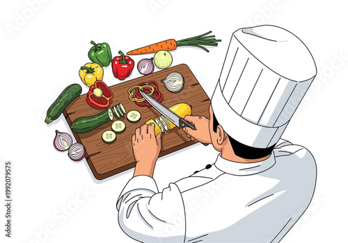 Chef prepares meal cutting vegetables on wooden board indoors