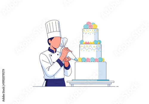 A chef decorates a multi-tiered cake with colorful icing in the kitchen.