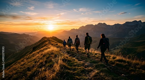 Majestic mountain range at sunset with hikers silhouetted against the golden sky