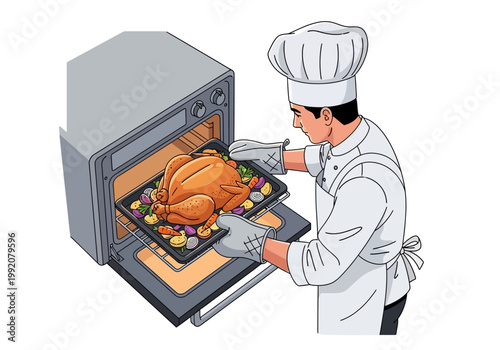 Chef placing roasted turkey on tray from oven with gloves on