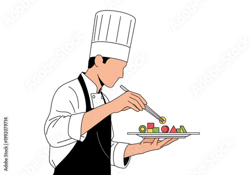 Chef presenting a colorful dish with utensils in a kitchen setting