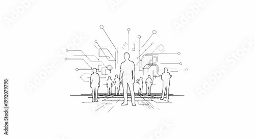 Stylized group of people against a futuristic technological background