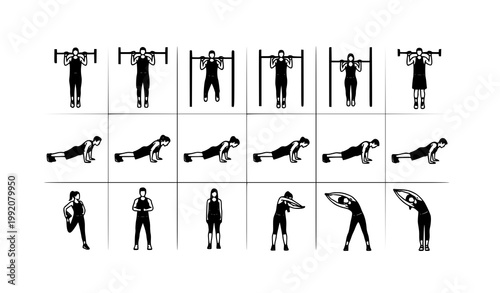 Fitness exercise grid vector with people doing pull ups push ups and stretching black and white