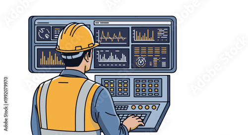 A person in a hard hat and vest operates a control panel with multiple data screens