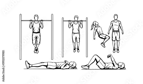 Street workout people vector with pull ups and core exercises modern black and white style