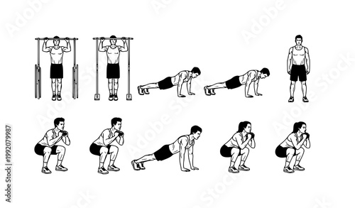 Workout lineup vector with people doing pull ups push ups and squats black and white