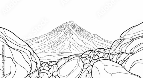 Stylized mountain peak framed by foreground boulders and rock strewn terrain