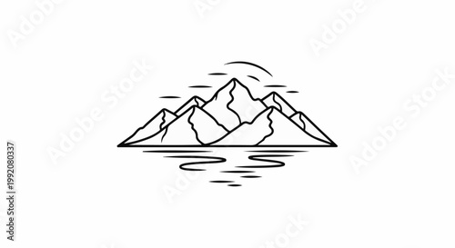 Stylized mountain range reflected in rippling water under a curved sky