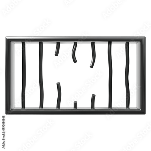 A prison window with bent metal bars and a broken center.