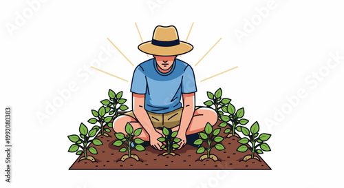 A person in a straw hat tends to small plants growing in soil, with light rays emanating