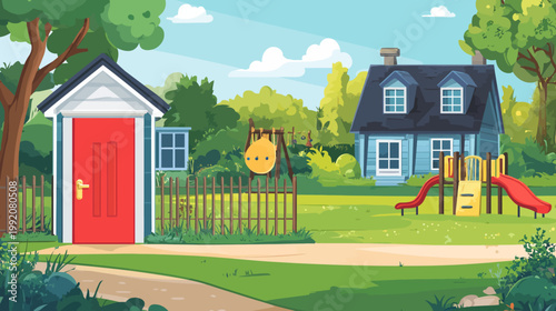 A vibrant cartoon illustration of a backyard scene with a house and playground equipment