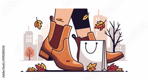 A person in autumn boots and leggings carries a shopping bag amidst falling leaves and city buildings