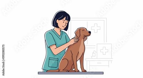 A person in scrubs gently pets a happy dog in a clinic setting
