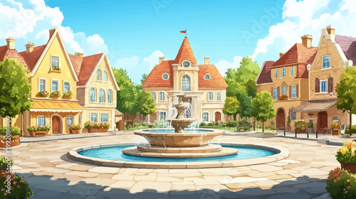 A picturesque European town square scene with buildings, fountain, and clear blue sky
