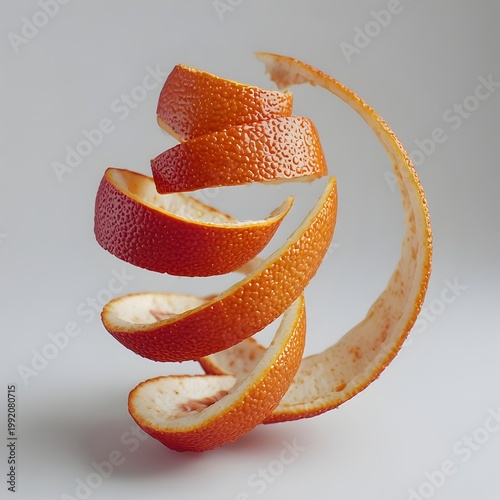 Delicate Blood Orange Thin Zest Corkscrew. Orange peel curl isolated PNG on transparent background, vibrant orange citrus zest garnish for cocktails and culinary decoration.