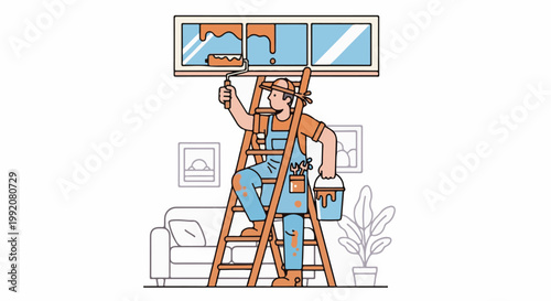 A person on a ladder paints the ceiling with a roller, with a sofa and plant nearby