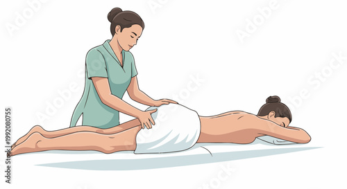 A person receives a therapeutic massage from a therapist, lying on a massage table, covered by a white towel