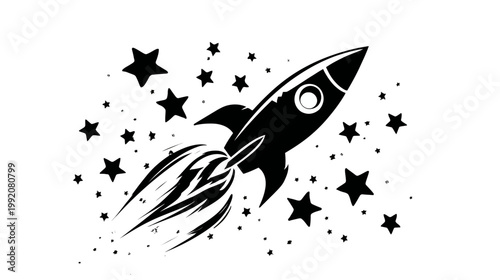 Stylized black rocket launching through a starry night sky, symbolizing ambition, progress, innovation, success, and space exploration concept illustration.