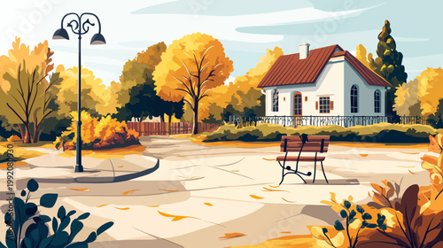 An idyllic cartoon scene shows a house near a park. Autumn hues color the foliage, bench present