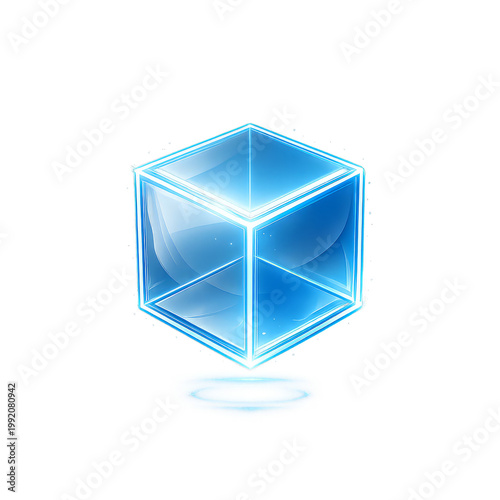 Glowing blue transparent cube with light effect on transparent background
