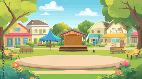 A picturesque cartoon village scene featuring houses, park benches, stage, and blue sky