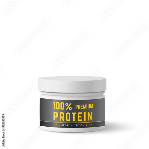 White plastic bottle with Premium protein label, sport nutrition, realistic cylinder container vector 3D mockup