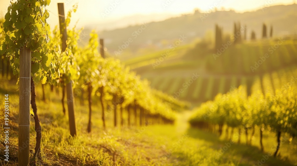 Naklejka premium A serene vineyard with rows of grape vines in the sunlight
