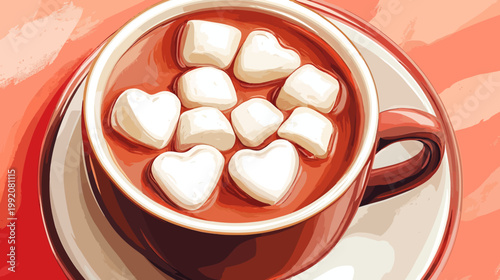 A warm and inviting illustration shows a mug of a rich, creamy beverage with heart-shaped marshmallows