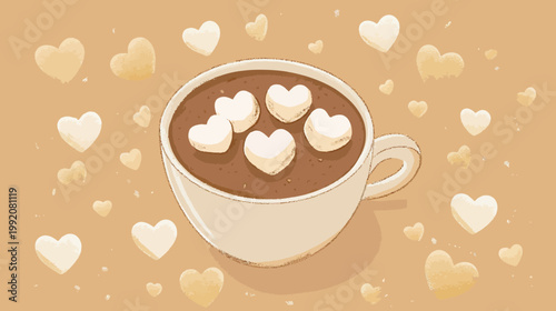Illustration of a cup of hot chocolate with heart-shaped marshmallows, surrounded by hearts