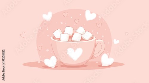A pink illustration featuring a cup of hot beverage with marshmallows, hearts, and a soft background